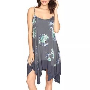 Free People Faded Bloom Hankerchief Hem Gray & Blue Floral Mini Dress